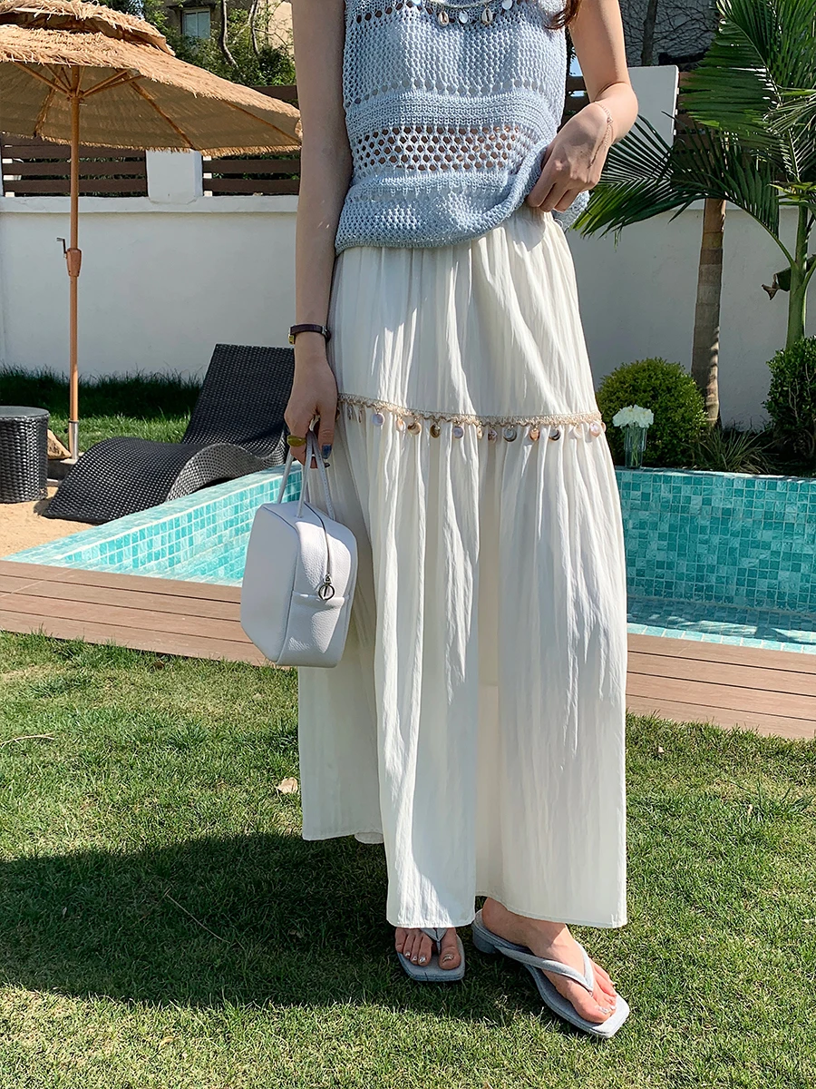 

Uniko Retro Tassel High Waist Women's Skirt Summer New Sle A-Line Long Skirt Korean Sle Girls' Faion f-length Skirts