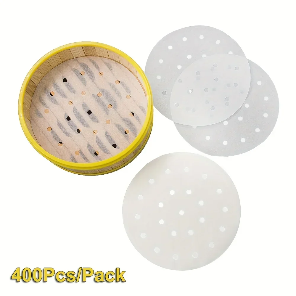 400Pcs Round Bamboo Steamer Pad Paper Steamer Liners Perforated Wood Pulp Papers Non-Stick Steamer Mat Dumplings Cooking Mat