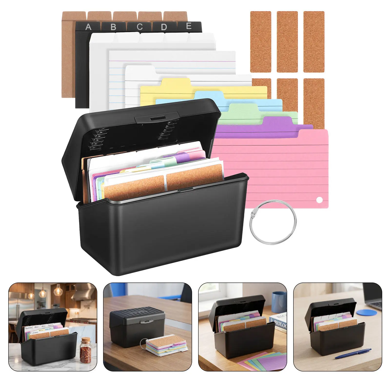 2Sets Black Index Card Set Organizer Lined Colored Cards Metal Binder Rings Cork Label Stickers Flash Card Box for Office School