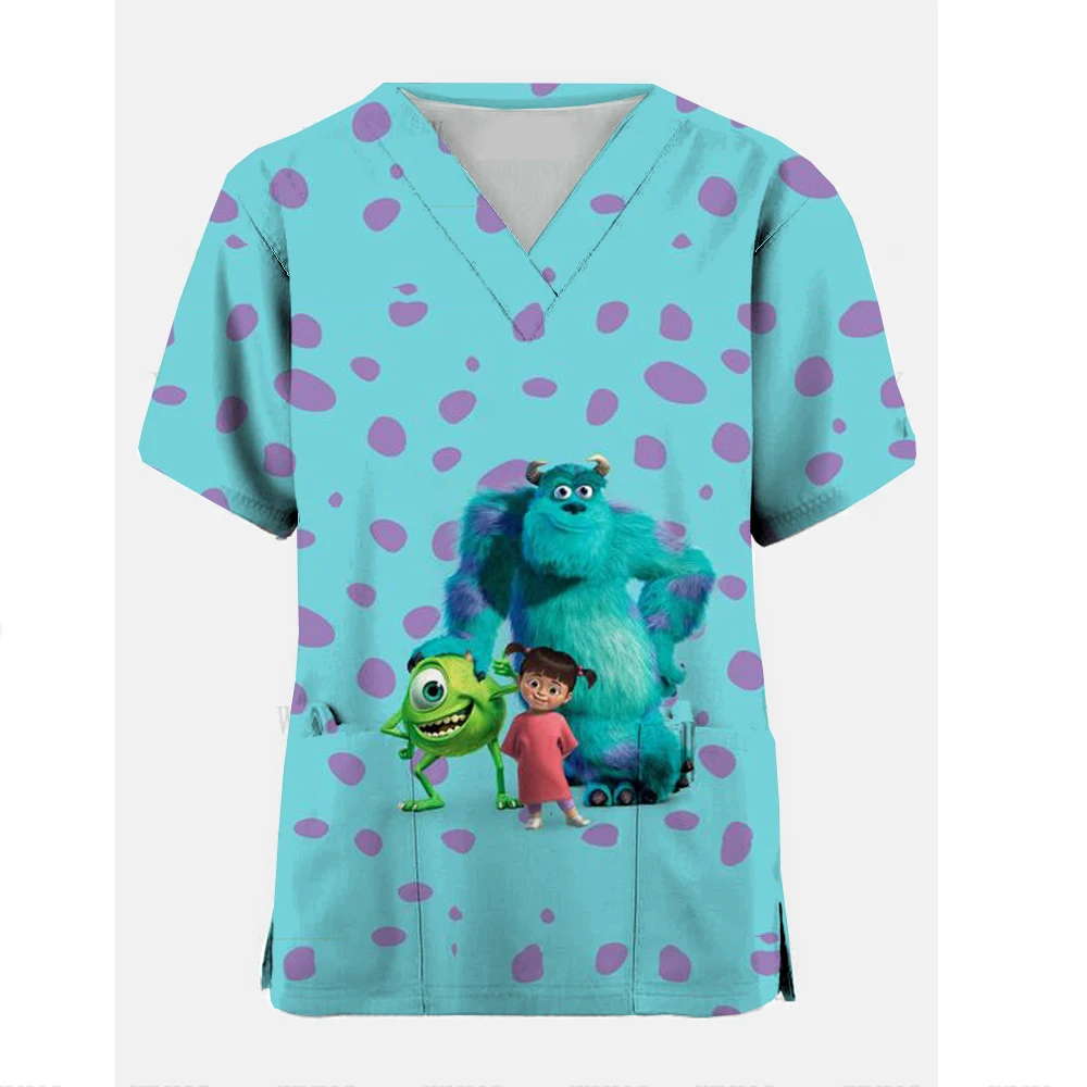 Disney Monster blus medis lengan pendek, kaus seragam perawat kesehatan, atasan lengan pendek untuk wanita