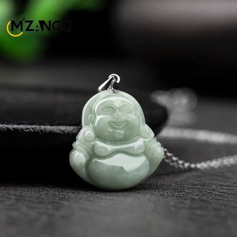 S925 Silver Necklace Natural Myanmar A Goods Jadeite Light Green Small Buddha Gong Ice Kind Jadeite Pendant Men's and Women's