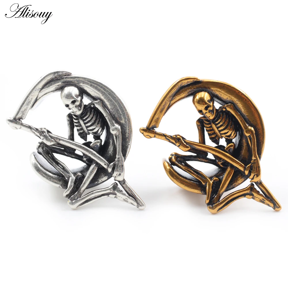 Alisouy 1PC Retro Copper Skeleton Skull Sickle Moon U-shaped Ear Tunnels Plugs Expander Stretcher Gauges Body Piercing Jewelry