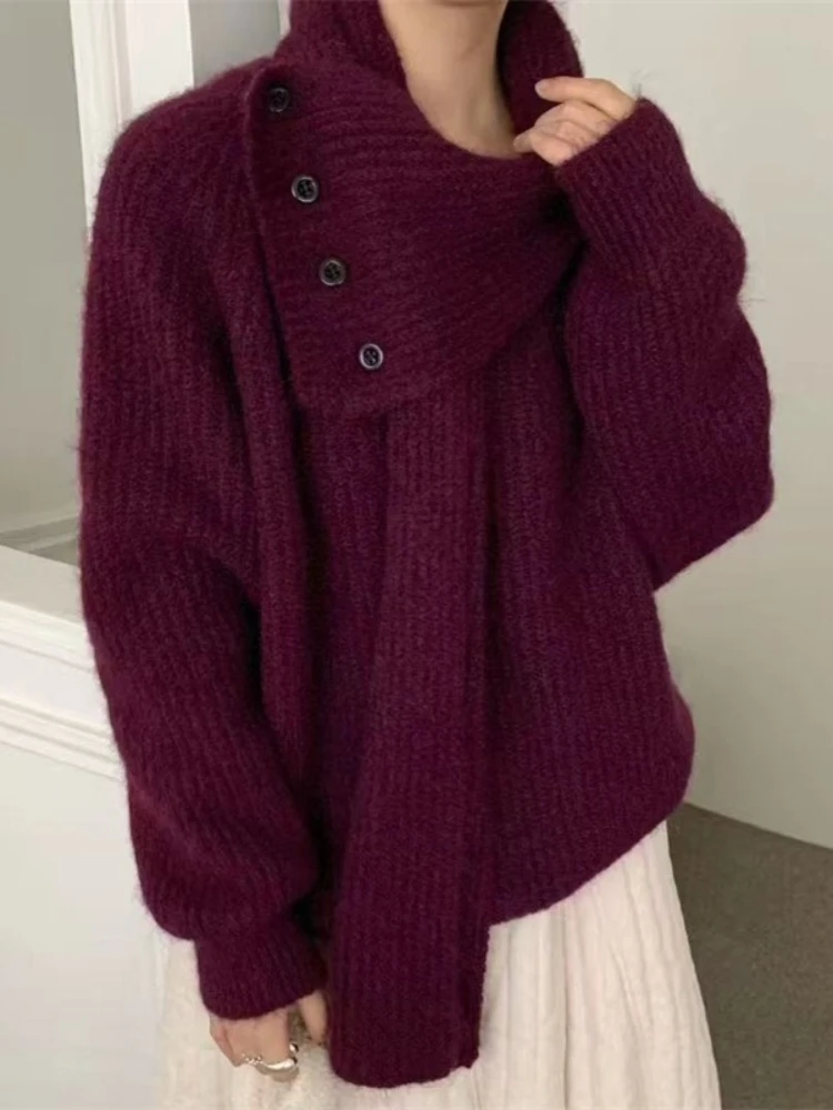 Koreaanse Fashion Design Sjaal Kraag Trui Dames Herfst Winter Nieuwe Gebreide Trui Jas Dames Losse Luie Stijl Zacht Wasachtig