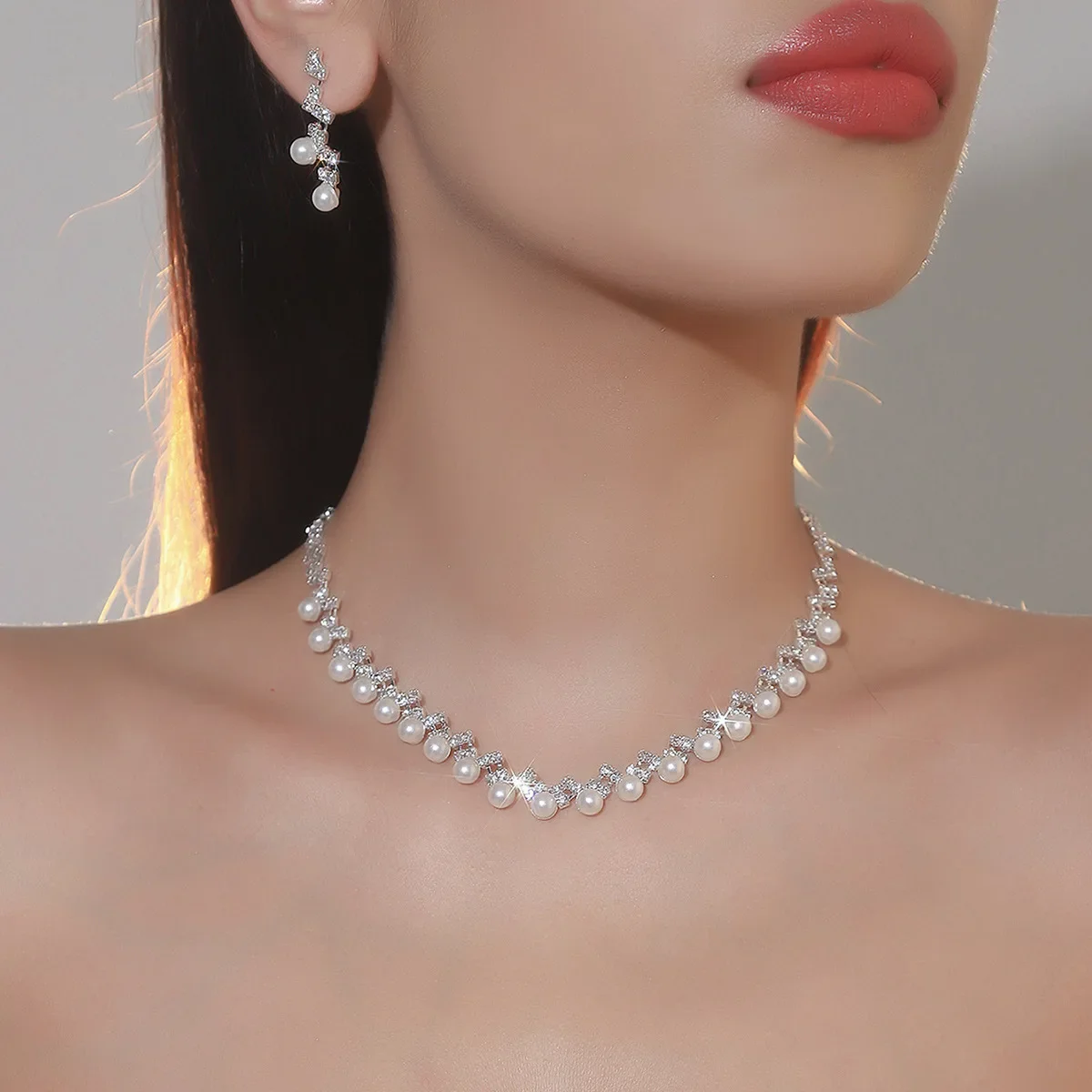 Premium luxury super flash diamond pearl necklace earrings set bridal jewelry two-piece wedding accessories