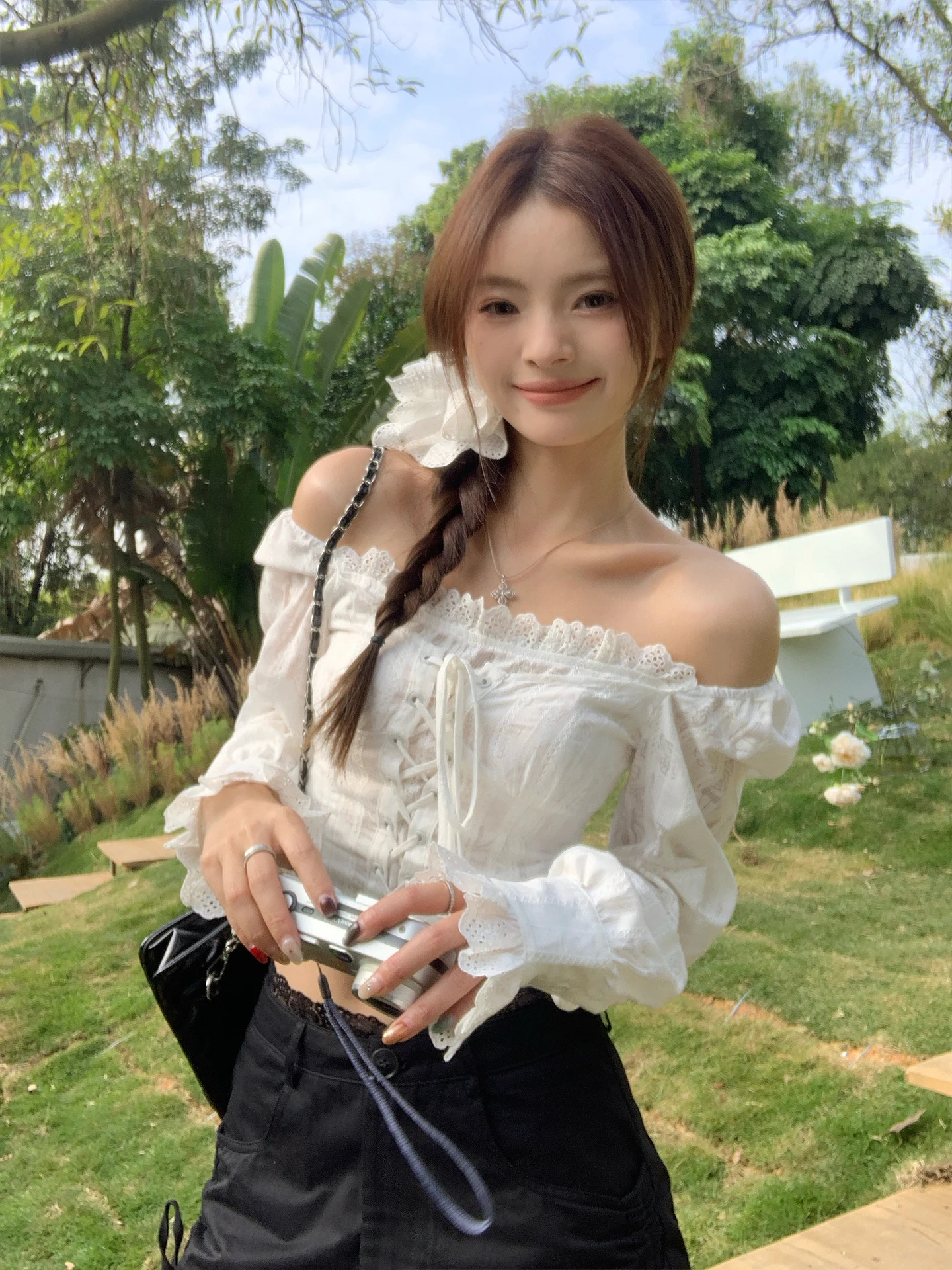 

French Sle Floral Trim ort Svel irt Women's Spring New Ele Unique irt Top Breathable Comfortable Chinese Or...