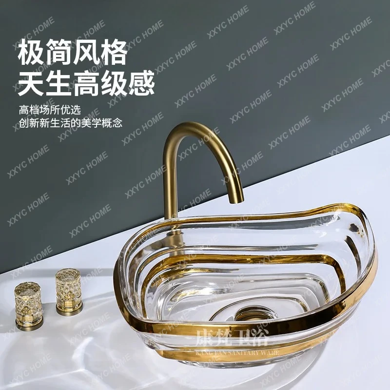 LXLight luxury glass wash basin, minimalist lines meet golden elements, showing a natural sense of advanced