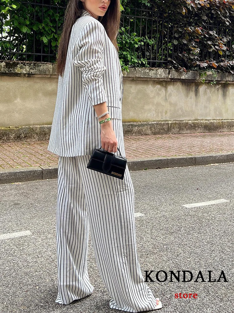 KONDALA Vintage Women Suit Stripe V Neck Single Button Pockets Blazer+Straight Loose Pants Fashion 2023 Summer Office Lady Sets