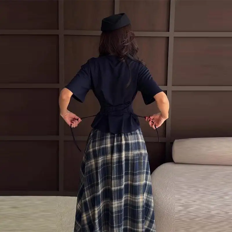 

2026 New Women's Fashion Set with Plaid Skirt And Short Sleeve Tops Waist Cinching Cross-Border Style Casual Summer Outfit