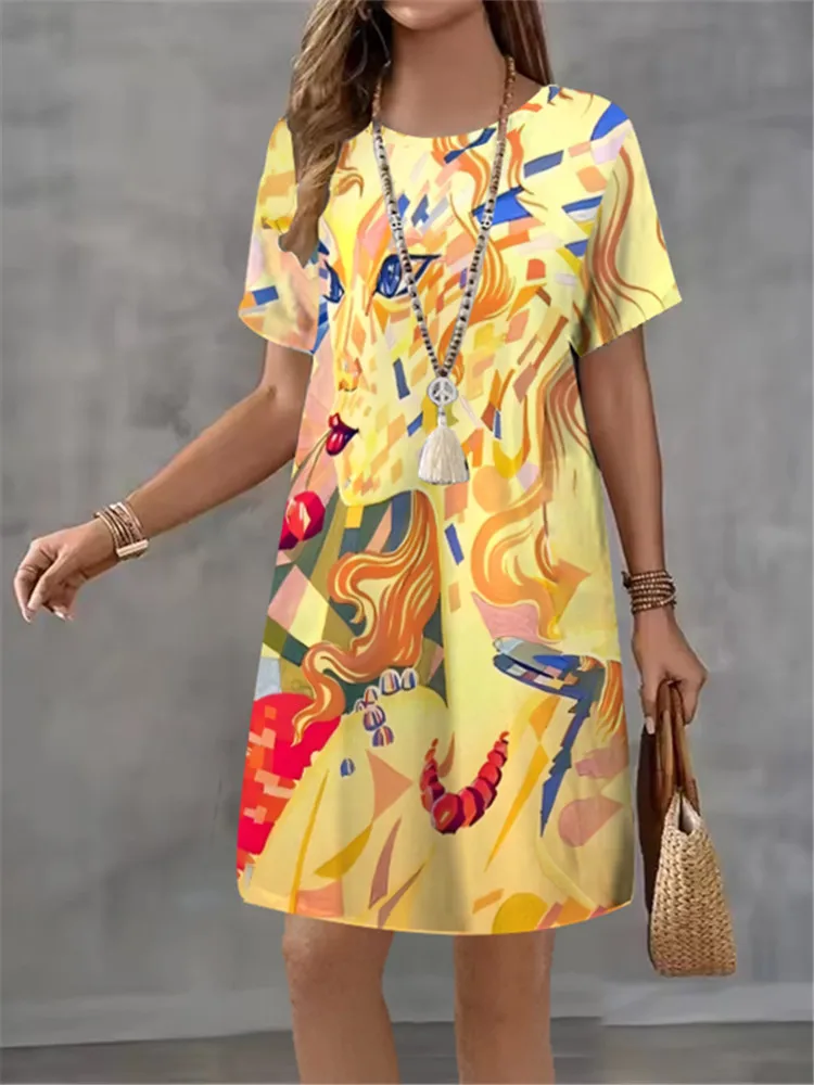 

Женское модное платье с принтом, летнее индивидуальное уличное стильное темпераментное элегантное повседневное женское платье трапециевидной формы с коротким рукавом, мини-платье
