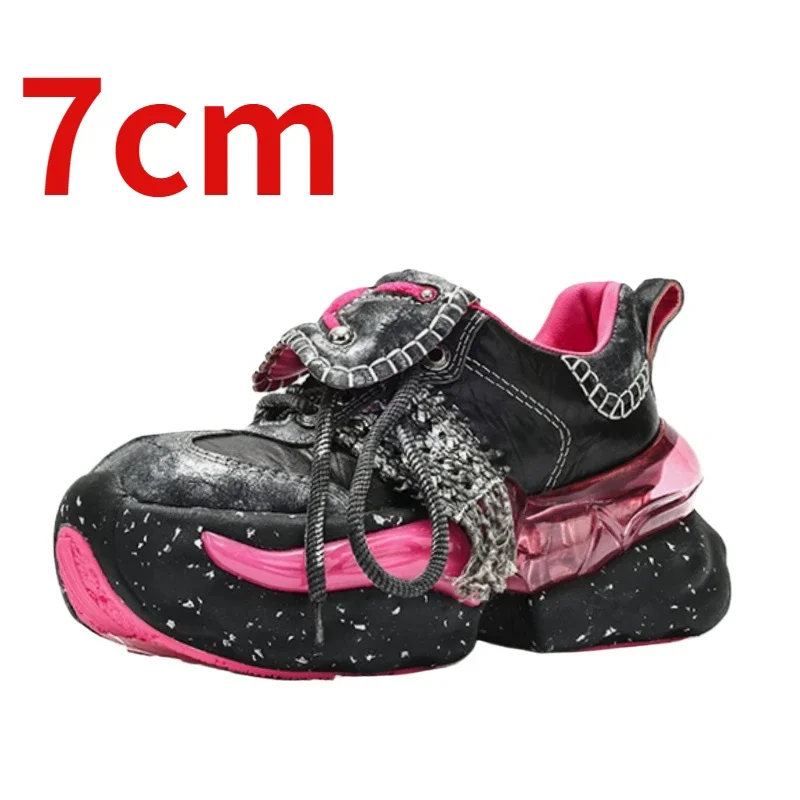 Genuine Leather Fashion Design Sports Shoes for Women's Increase 7cm Casual Sneakers Comfortable Breathable Thick Platform Shoes