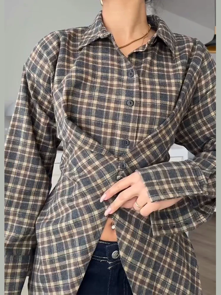 

Plaid Long Sleeve Shirt Women Lace Up Waist Cinching Button Front Lapel Neck Top Spring Autumn Lady Casual Outing Daily Wear