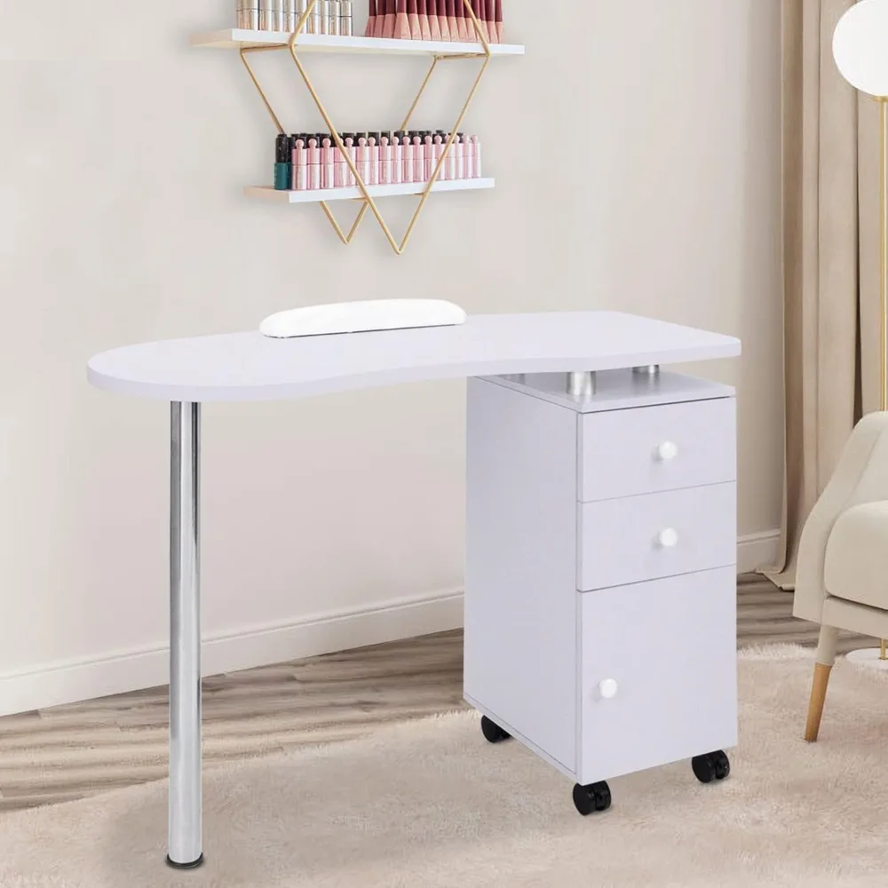 

Manicure Table Nail Desk with Drawers Single Cabinet on Wheels & Arm Rest Cushion, Mobile Beauty Spa Salon Home Wooden