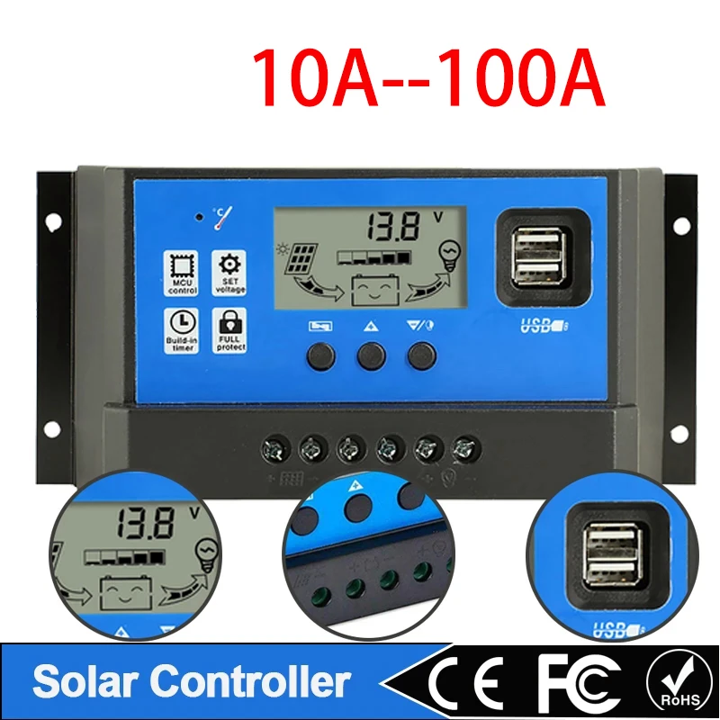 MPPT Solar Charge Controller 30A 40A 50A 60A 100A LCD Display Dual USB 12V 24V Solar Cell Panel Charger Regulator with Load