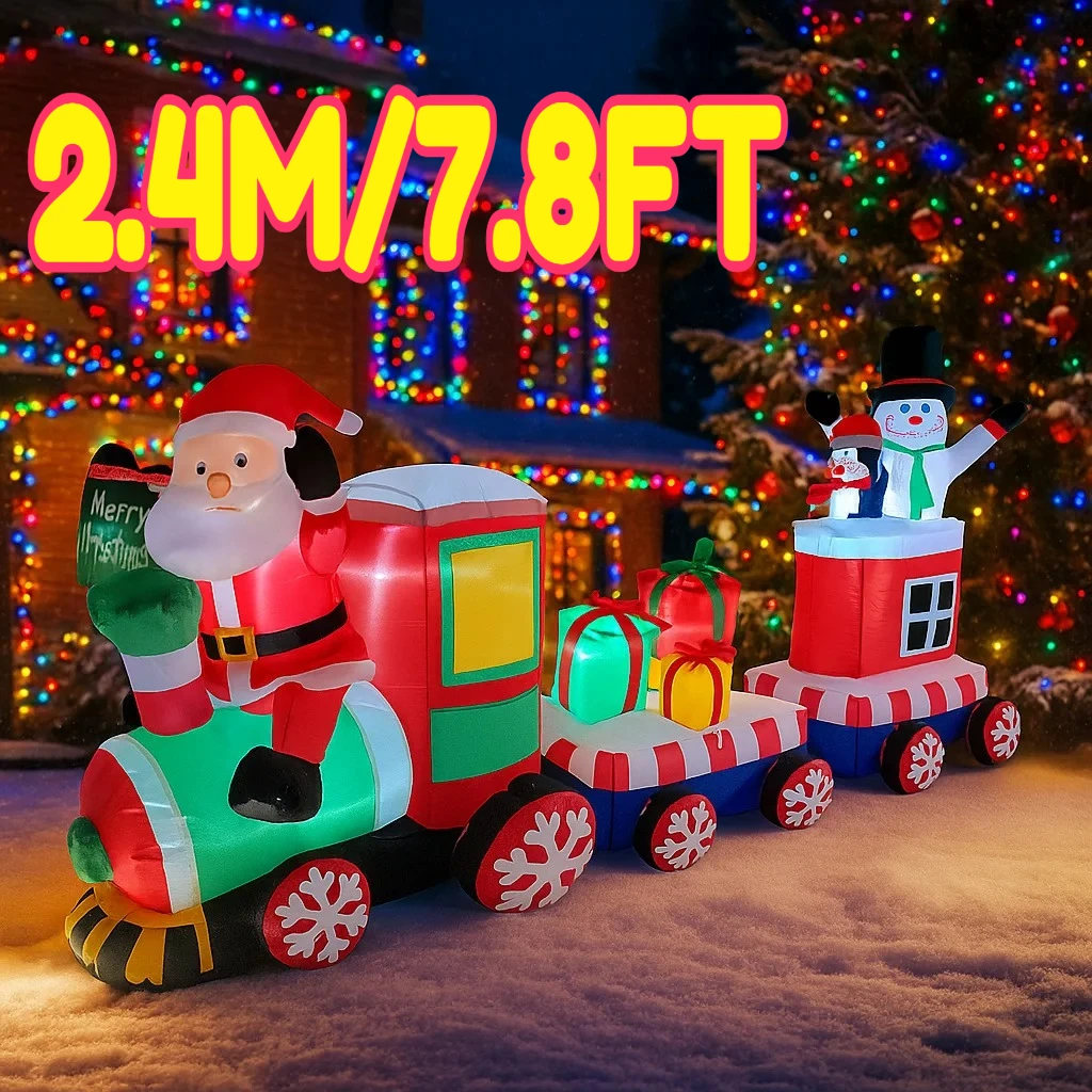 

2.4M/7.8FT Inflatable Santa Train Snowman with Gifts Light LED Home Decor Toy Yard Xmas Holiday Decor Supplies Outdoor Lawn Yard
