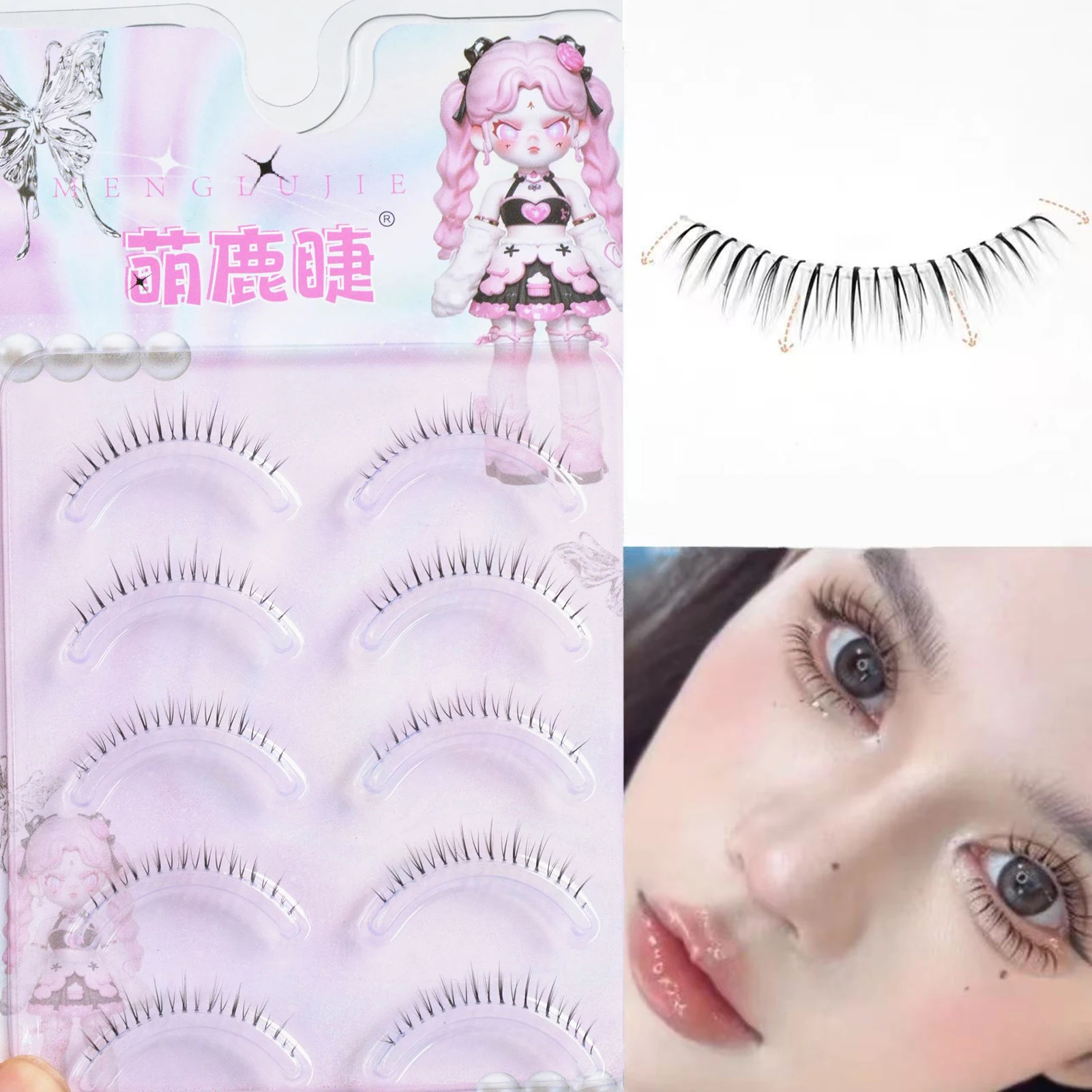 5 Paar koreanische Comic-Wimpern für untere falsche Wimpern, Vollstreifen, natürlich aussehende untere Wimpernverlängerung mit Kleber für das tägliche Make-up