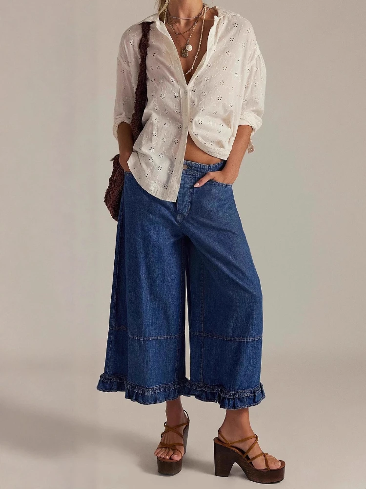 

Spring New Women's Loose Wide Leg Denim Pants with Retro Pleated Lace Hem Elastic High Waisted Loose Jeans with Pockets