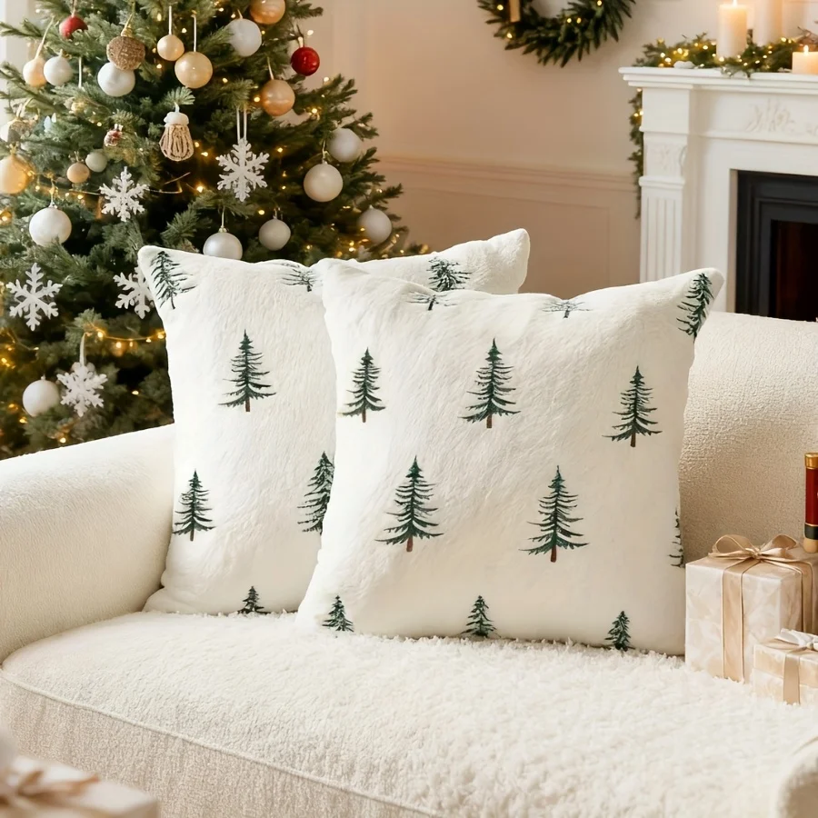 Christmas Faux Rabbit Fur Pillow Cover Tree Embroidered Fuzzy Cushion Cover 30X50/45x45cm Pillow Case for Holiday Home Decor