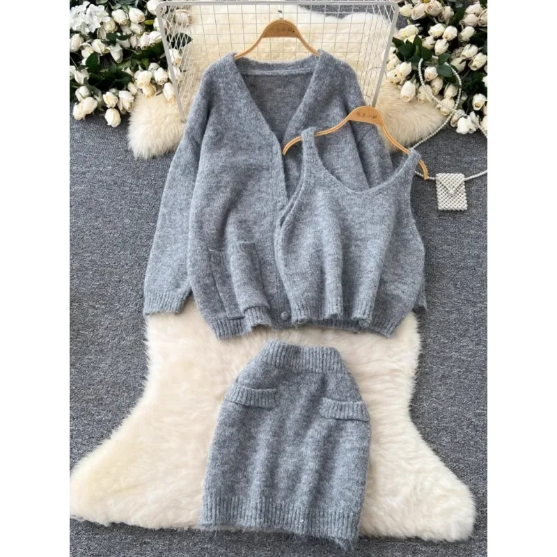 Korean Warm Skirts Sets Women Sweet Inner Camisole Long Sleeve Knitted Shawl Jacket Sweater Skirt Autumn Women Two-piece Suit