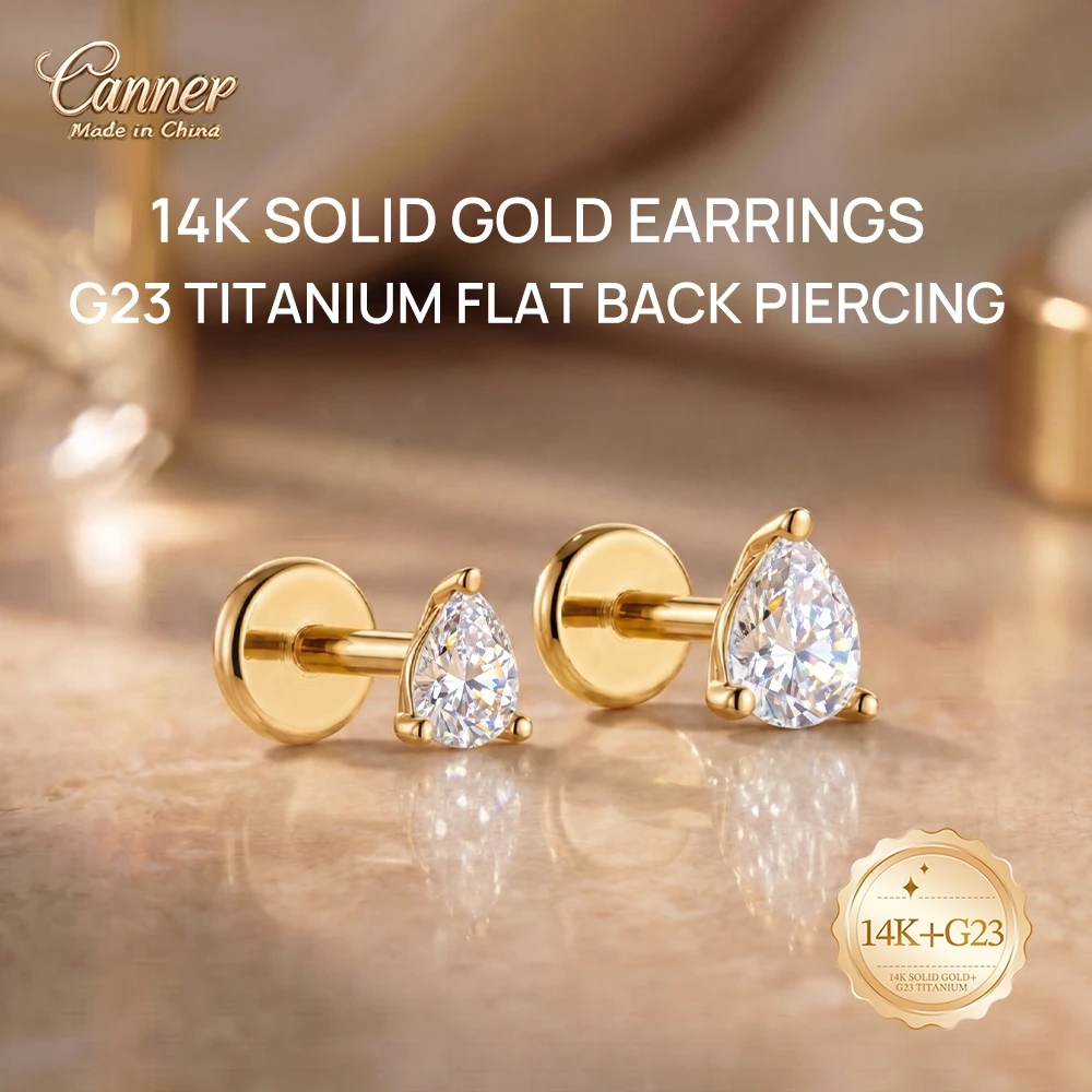 CANNER 14K Solid Gold CZ Cartilage Piercing Lip Stud Earrings Internal Thread Labret Conch Lucky Koi Mini Jewelry For Women Gift