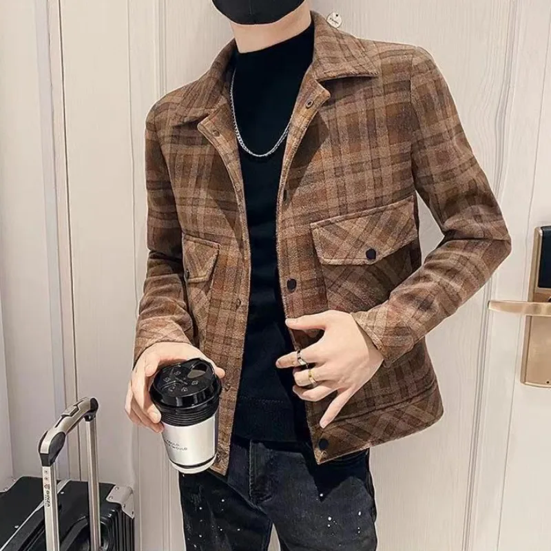 Man Coat Winter Sales of Plaid Short Jacket for Men Wool & Blends New in Cold Aesthetic Casual High Quality Harajuku Vintage Y2k