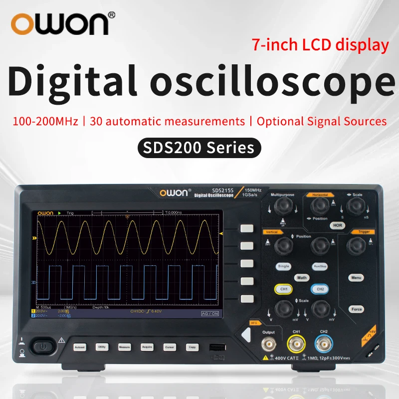 Owon Digital Oscilloscope 2-channels 100Mhz 150Mhz 200Mhz 1GS/s FFT+ 25MHz 14Bit Signal Generator SDS210S SDS215S SDS220S