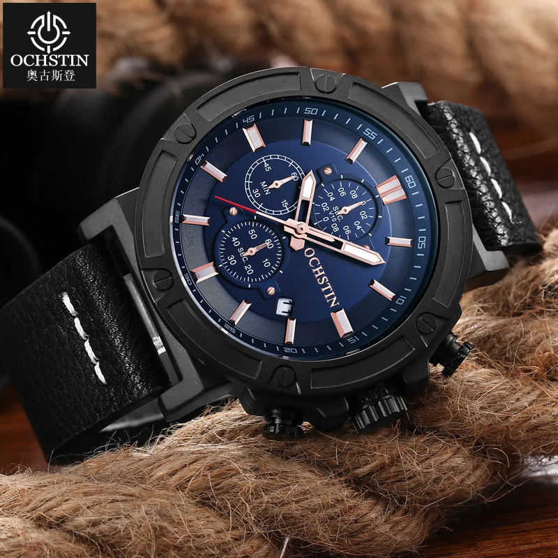 OCHSTIN Man Multifunctional Quartz Movement Watches Men's Genuine Leather Business Waterproof Mineral Hardened Glass Wristwatch