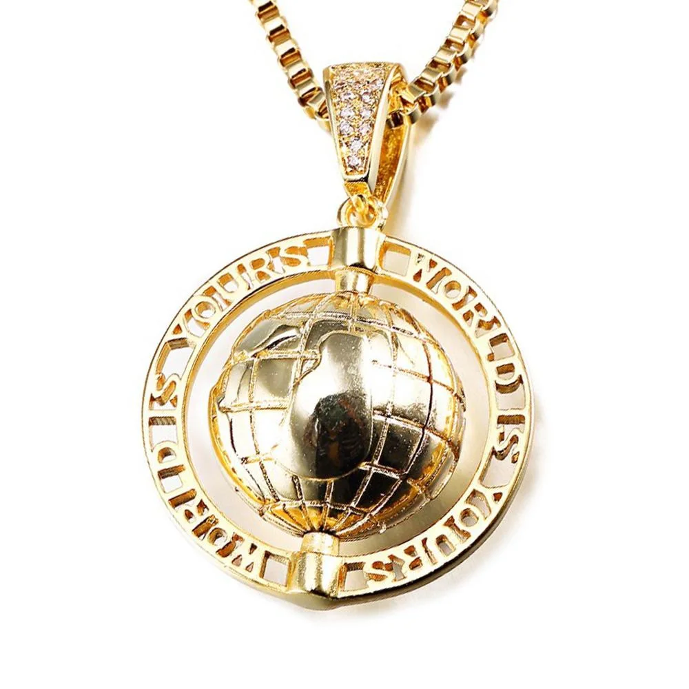 Cuban Chain and Pendant World Spinning Globe Pendant Simple Vintage Gold Plated Zircon Hip Hop Necklace Jewelry