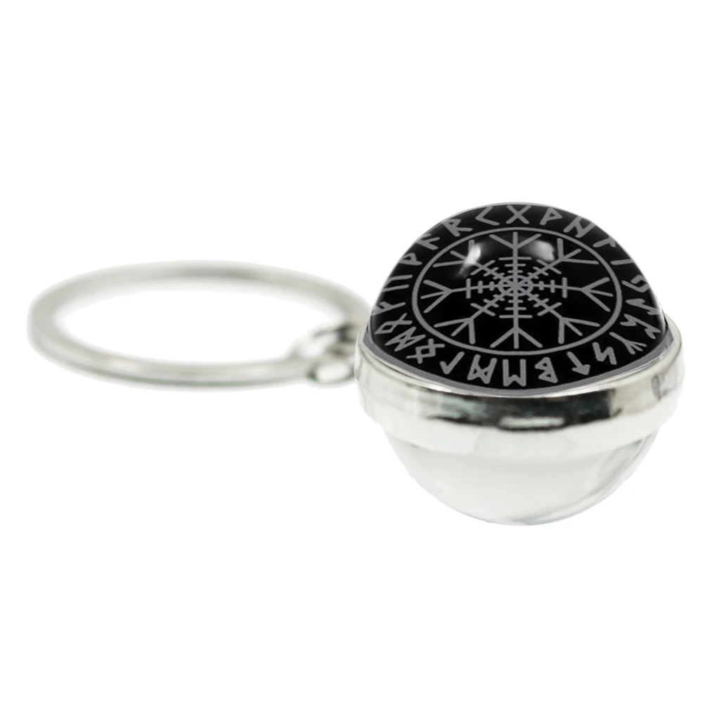 Viking Compass Double Sided Glass Ball Pendant Key Chain Trinity Nordic Runes Odin Pattern Punk Goth For Men Amulet Keyring