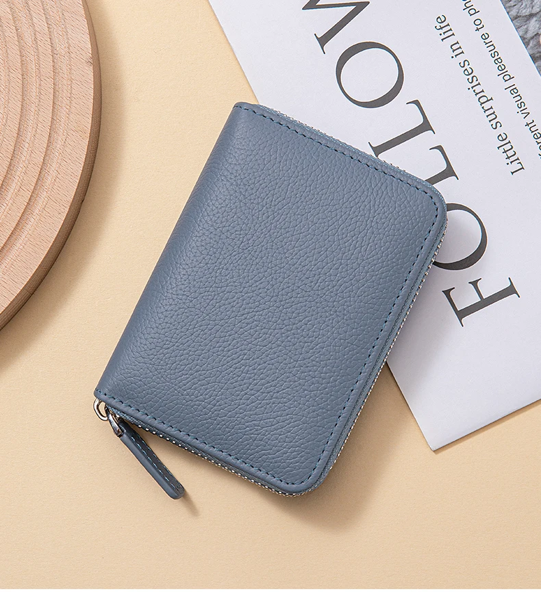 Genuine Leather Small Accordion Card Cases Holder For Women RFID Blocking Zipper Credit Card Wallet with Coin Pouch 2 Cash Slot