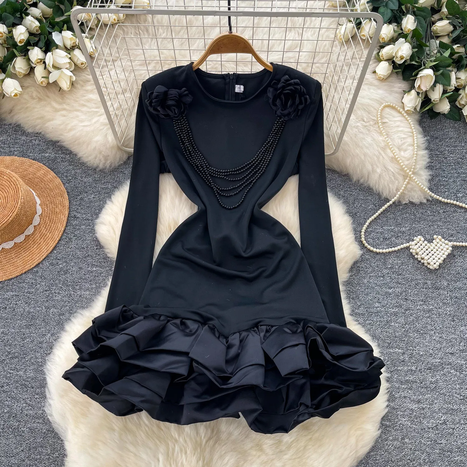 Korean Style Elegant Fashionable Black Long Sleeve Dress Women Summer High Waist Ruffled Layered Sense Design Women Short Dress