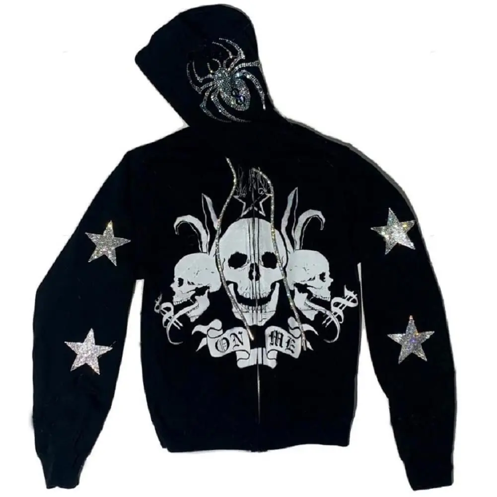 

Women Rhinestone Y2K Spider Skeleton Hoodies Punk Jackets Streetwear Goth Harajuku Oversized Zip Up Hoodie