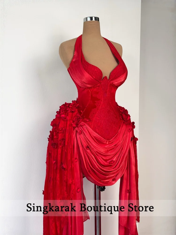 Red Halter Prom Dress 2026 Lace  Evening Dress with 3D Rose Applique Mini Party Gown Hoco Cocktail Dress Customized