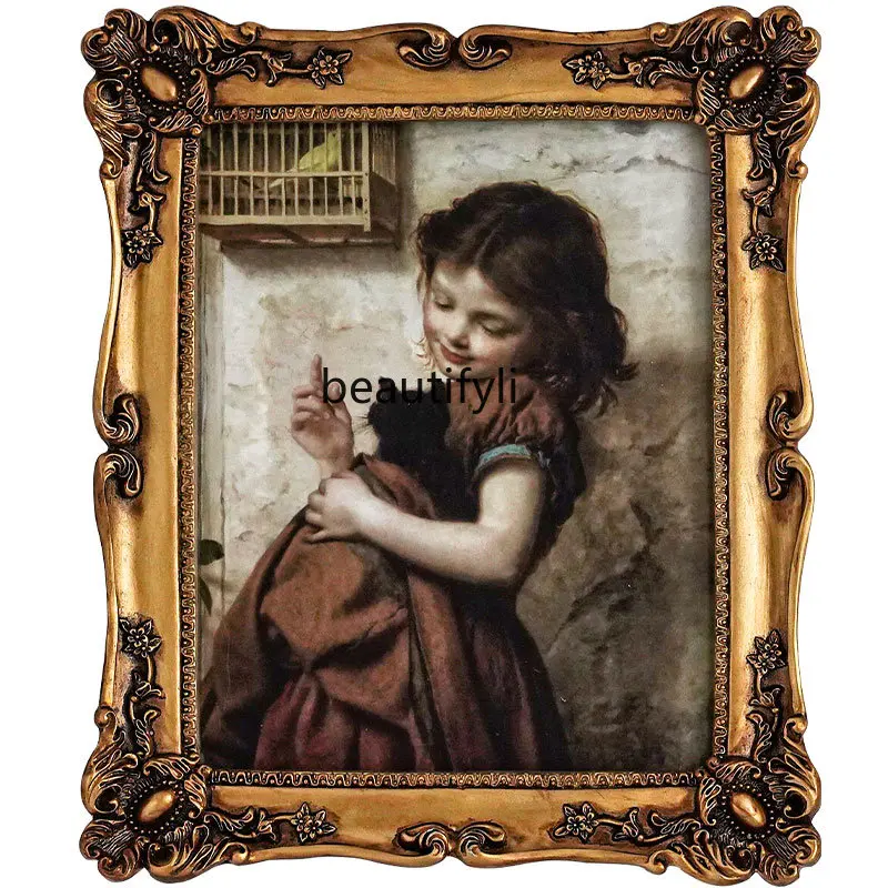 zqAmerican Retro Palace Glass Photo Frame Resin Antique Carved Table Ornaments Wall Hanging Picture Frame Decorative Painting