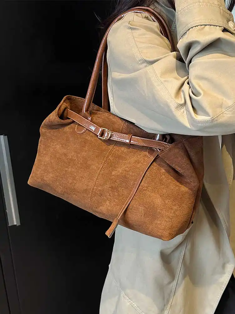 Autumn Winter Suede Handbag For Women Vintage Casual Large Capacity Commuting Tote Bag Ladies Simple Brown One Shoulder Bags