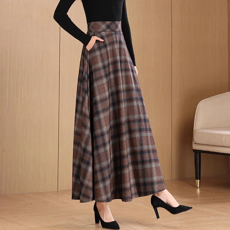 신상 여성 심플 체크 롱 스커트 가을 패션 하이웨이스트 A라인 쉬운 매치 스커트 대비 색상 캐주얼 스커트 여성용