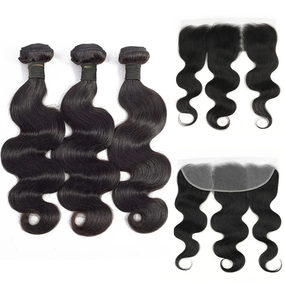 Mechones de cabello humano Remy brasileño con cierre Frontal de encaje 13x4, extensiones de cabello humano con cierre