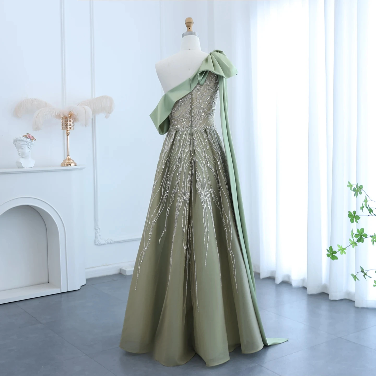 Jancember Dubai One Shoulder Olive Green Arabic Evening Dress With Cape Sleeves Side Slit Wedding Party Gowns Sz323