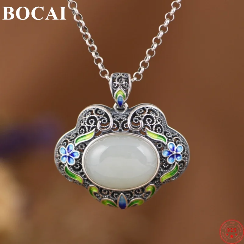 

Подвески BOCAI из стерлингового серебра 925 пробы для женщин и мужчин, новая модная ажурная эмалированная подвеска с замком Ruyi, Нефритовая Саше, бесплатная доставка