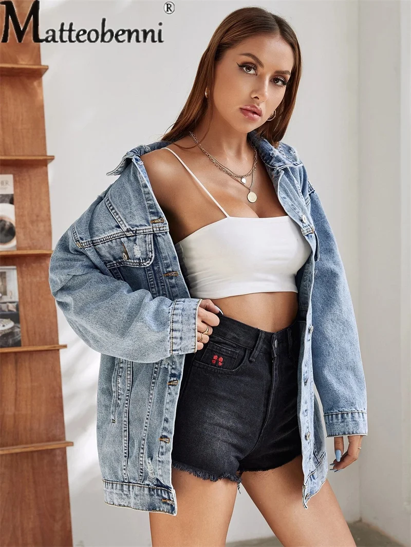 Vintage Style Loose Denim Jacket Autumn Winter Women's Long Sleeve Single-breasted Cardigan Coat Female Fashion Casual Outerwear