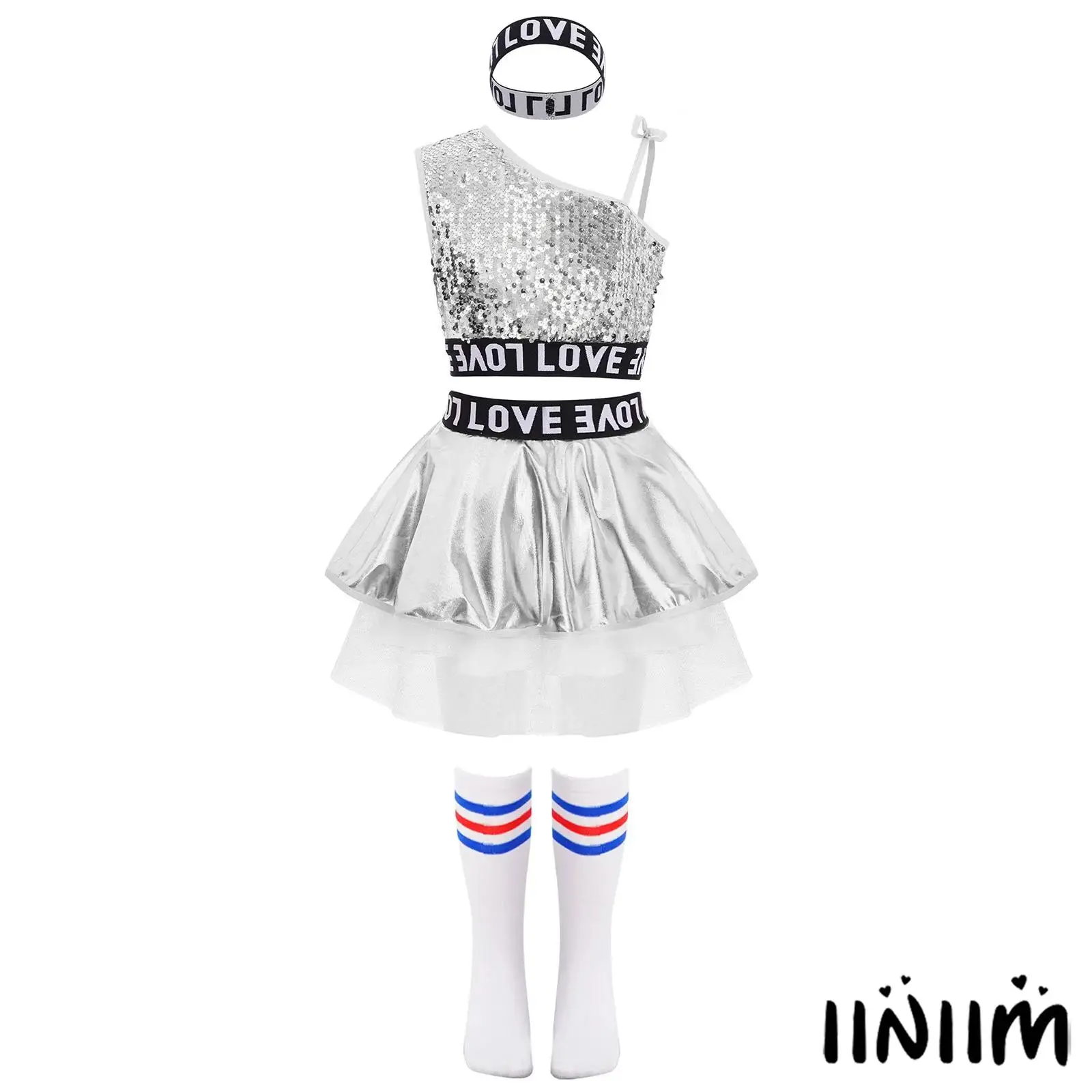 

Kids Girls Hip Hop Dance Outfit Sparkling One Shoulder Vest with Tutu Skirt And Hairband Striped Socks Set For Jazz Street Dance