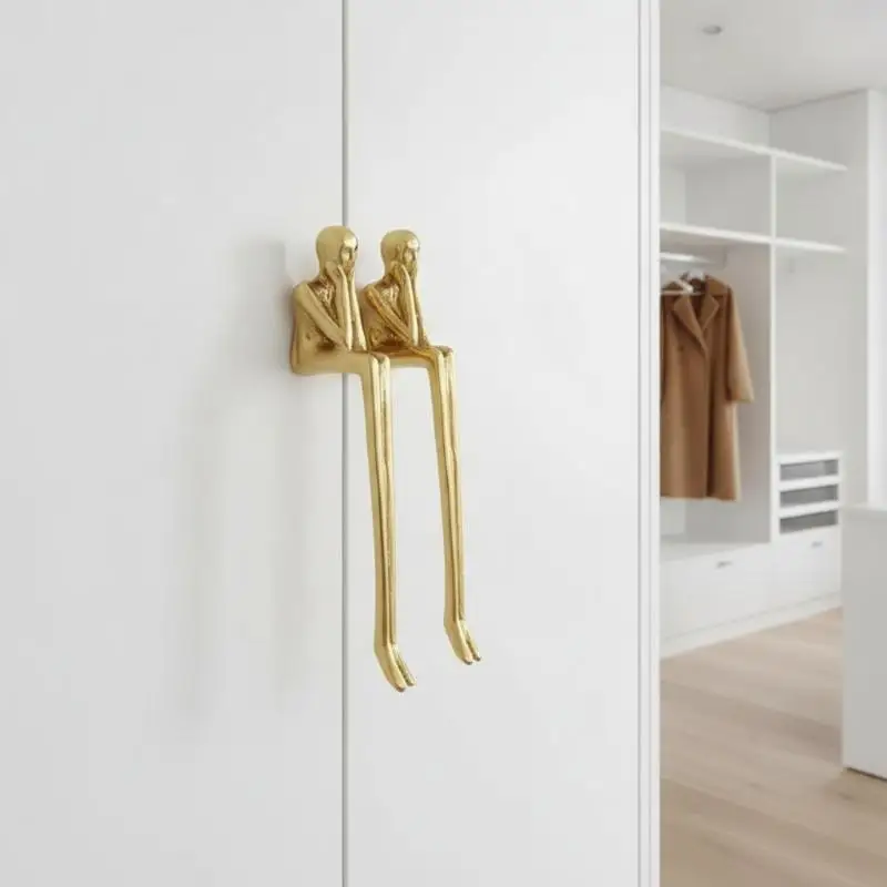 Brass Handle Nordic Modern Simple Wardrobe Door Cabinet Drawer Luxury Humanoid Copper Cabinet Creative Long Handle Drawer Knobs