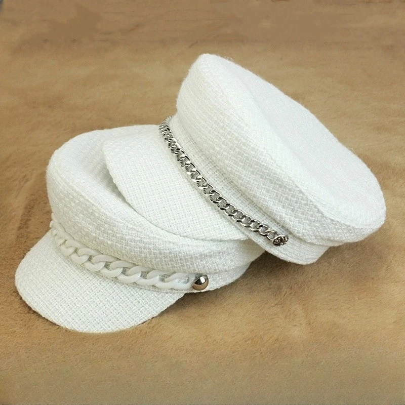 Women Newsboy Cap Winter Fashion Wool Peaked Hat with Chain Stylish Streetwear Beret for Ladies Girls