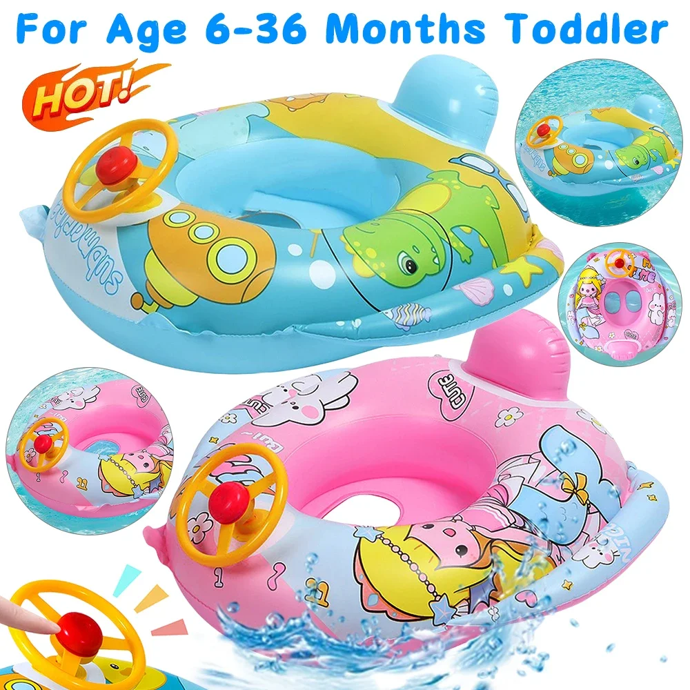 Inflatable Swimming Ring Swimming Pool Toys Baby Swimming Float with Steering Wheel Horn Baby Floats for Age 6-36 Months Toddler