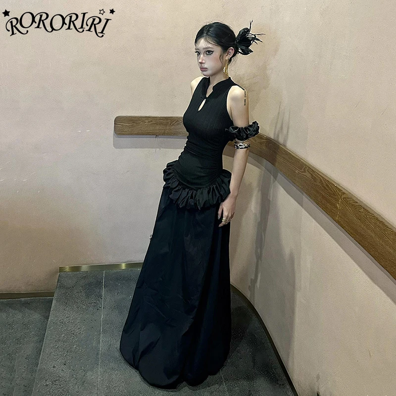 

RORORIRI Solid Black Cut-out Neo-Chinese Cheongsam Women Knit Stitch Ruffle Puffy Maxi Long Evening Dress Medieval Retro Clothes