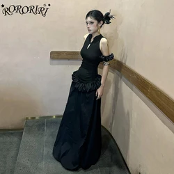 RORORIRI Solid Black Cut-out Neo-Chinese Cheongsam Women Knit Stitch Ruffle Puffy Maxi Long Evening Dress Medieval Retro Clothes
