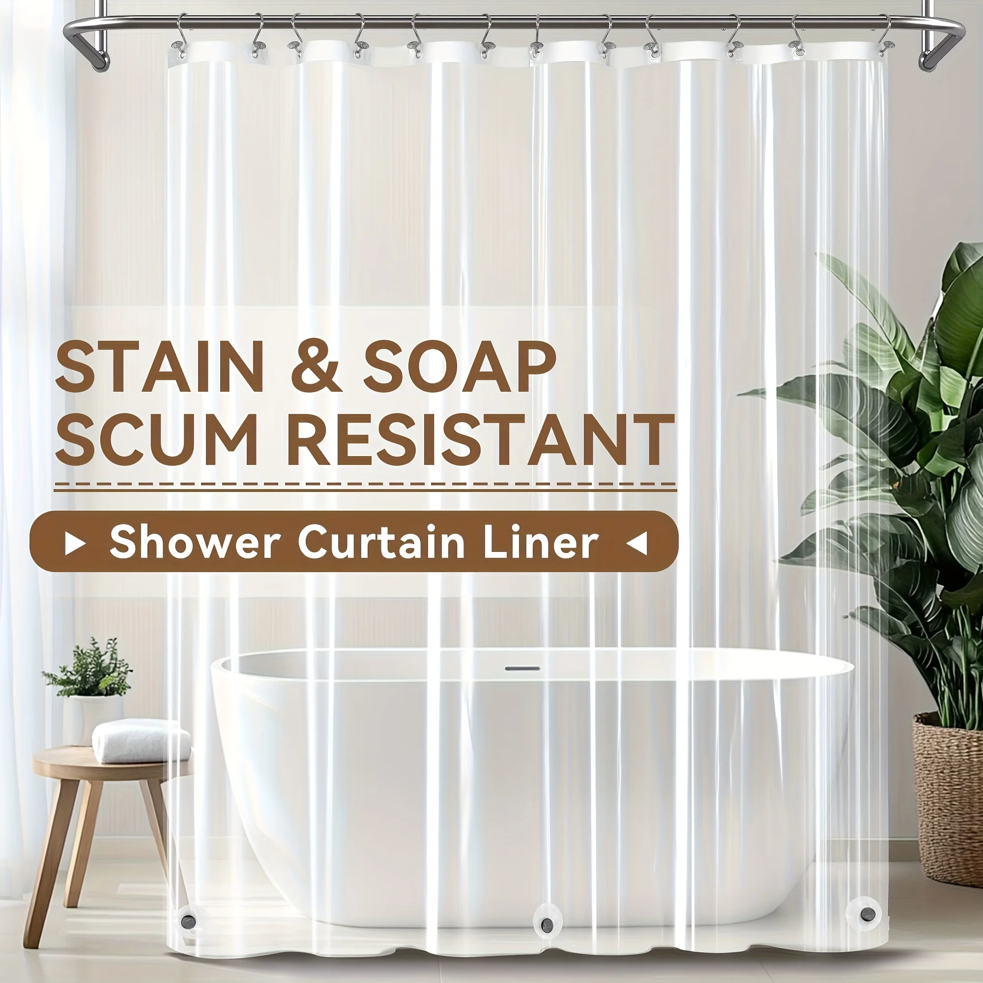 Transparent shower curtain lining with magnets, lightweight plastic material, including plastic shower curtain rings, bathtub