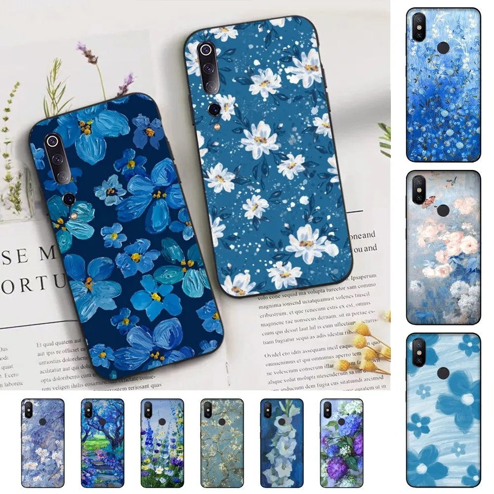 

Dark Style Blue Oil Painting Flower Phone Case For Xiaomi Mi 5X 8 9 10 11 12 lite pro 10T PocoX3pro PocoM3 Note 10 pro lite