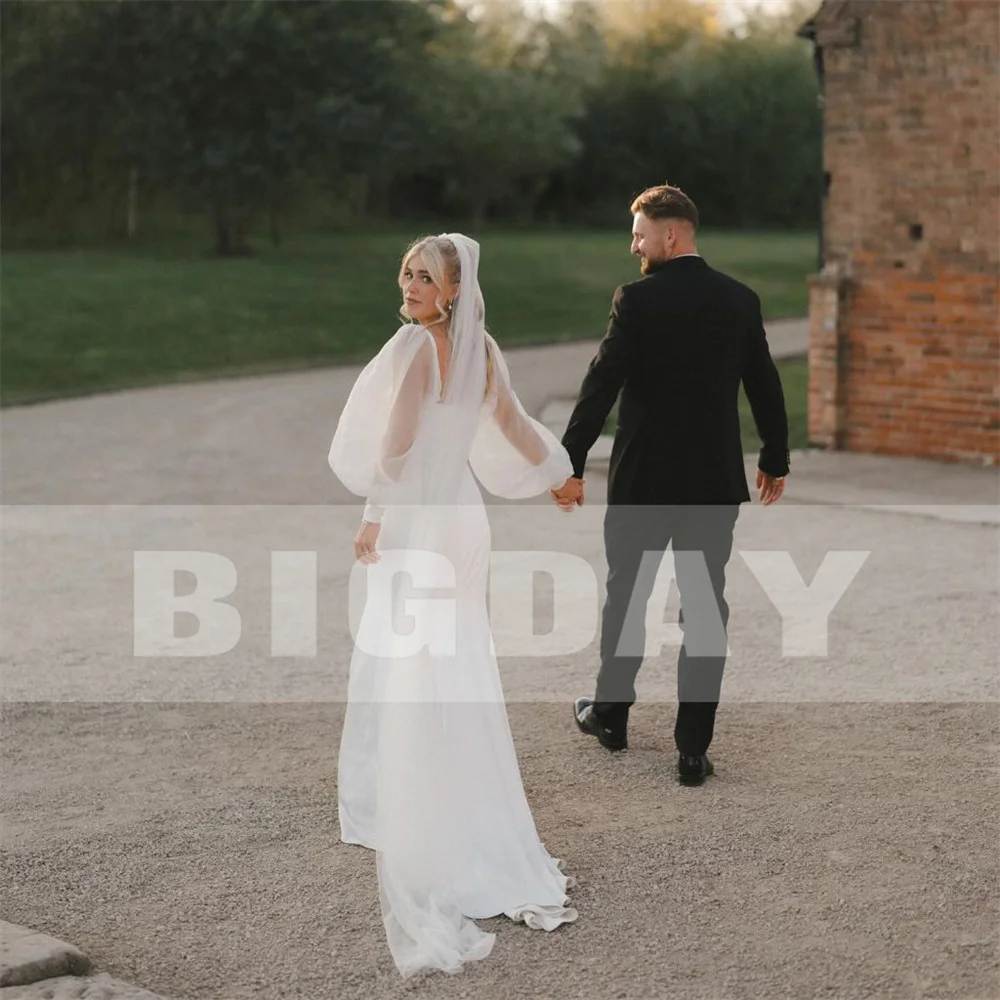 Vestido De novia clásico De sirena con cuello cuadrado, manga larga acampanada, sin espalda, cola De barrido, Vestidos De novia personalizados