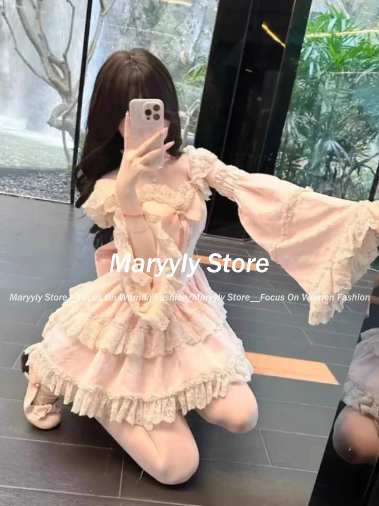 Japanese Sweet Lolita Style Princess Dress Women Kawaii Cute Lace Bow Slim Mini Dresses Elegant Y2k Harajuku Evening Party Dress