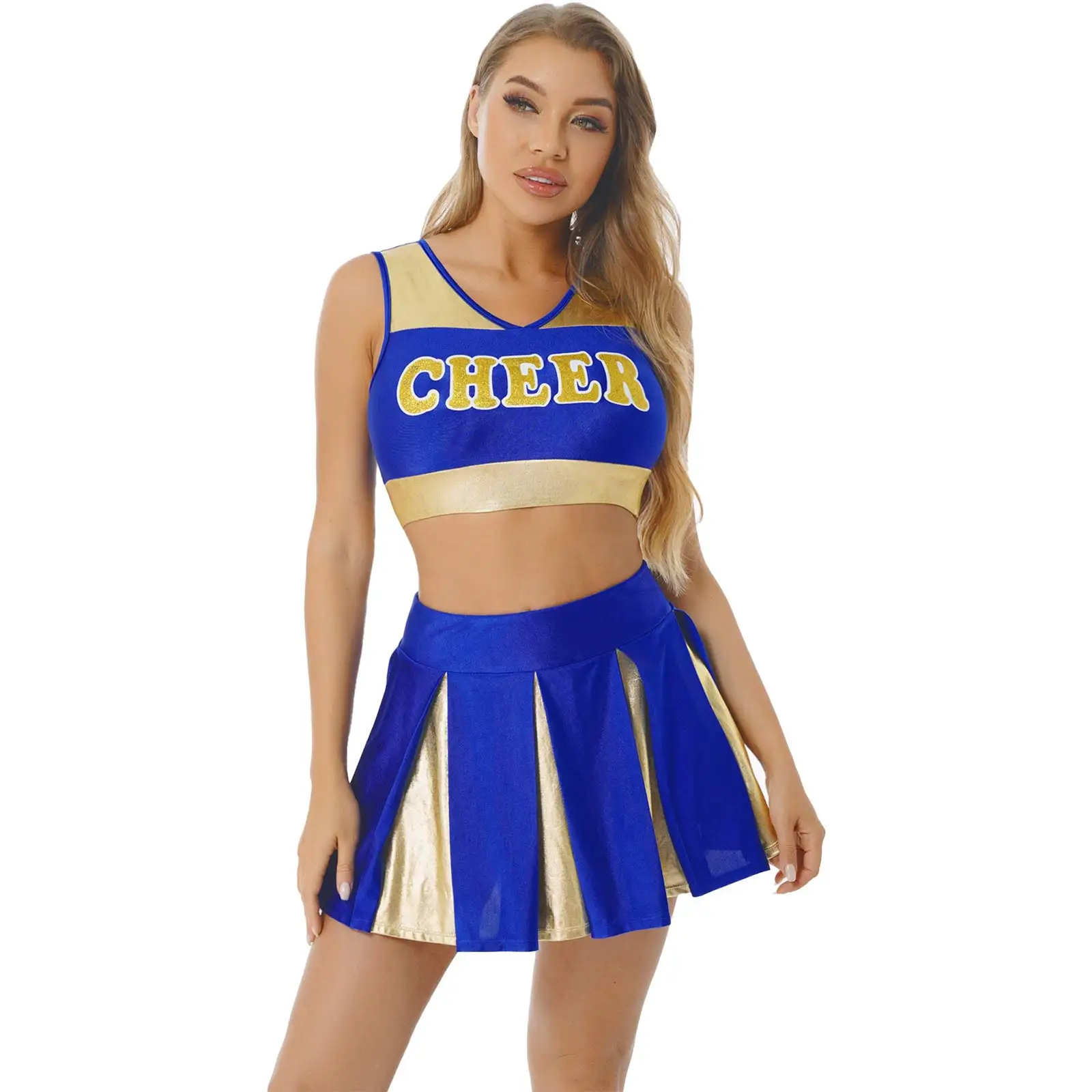 Damski cheerleaderek jednolity strój do tańca cheerleaderka błyszczący nadruk w litery V dekolt Crop Top bez rękawów z plisowaną Mini spódniczką